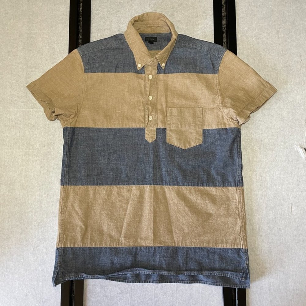 J Crew Wide Striped Half Button Up Khaki Denim